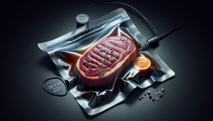 A perfectly cooked sous vide steak, showcasing a tender interior and a seared crust, displayed alongside a vacuum-sealed bag and water bath.