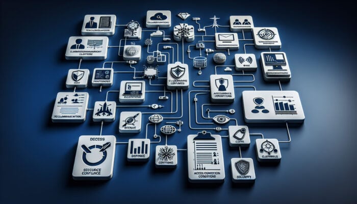 Handling Electronics Advanced in Clearance: Infographic showcasing clearance levels in electronics, featuring icons for defence, telecoms, and data centres, along with a flowchart of access conditions and security protocols.