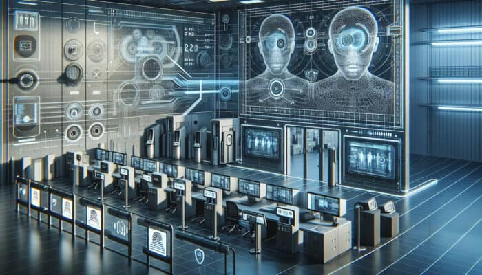 High-security electronics lab featuring biometric scanners, surveillance cameras, and physical barriers for restricted access.