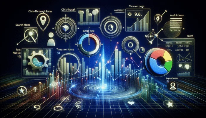 A digital dashboard showcasing Google Analytics data with graphs on click-through, bounce rates, and time on page.