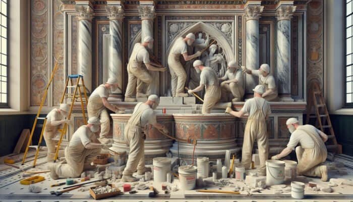 Workers employing traditional techniques to restore a historic UK building, maintaining its authenticity and historical context.