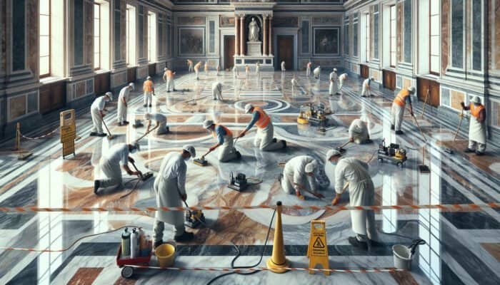 Detailed cleaning and honing of historic marble floors at Buckingham Palace, blending traditional and modern techniques.
