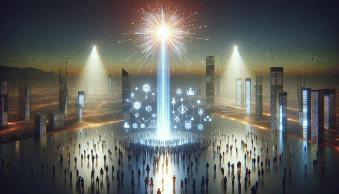 A glowing pillar of content attracting diverse consumers, symbolising business growth and authority.
