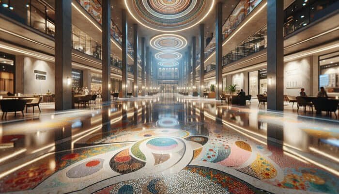 Polished terrazzo floor in London commercial space, reflecting light, vibrant colours, intricate patterns, chic atmosphere.