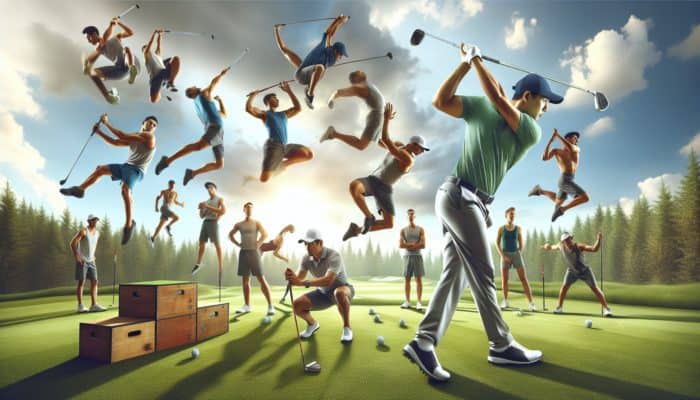 Golfer in mid-swing on lush green course, surrounded by dynamic plyometric drills to enhance muscle power and speed.