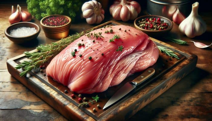 A vibrant pink, moist fresh turkey breast on a wooden table with herbs at a local butcher shop.