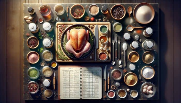 A chef's table with herbs, spices, mixed rub, test batches, tasting spoons, and a notebook for flavour experiments.