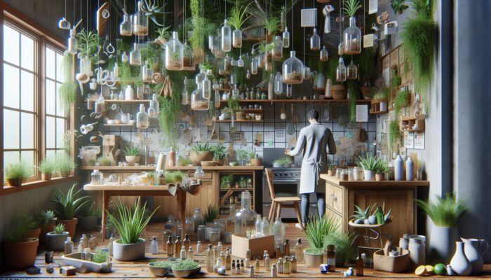 Individual preparing homemade hair spray in a rustic kitchen, using recyclable glass bottles and natural ingredients, surrounded by greenery.