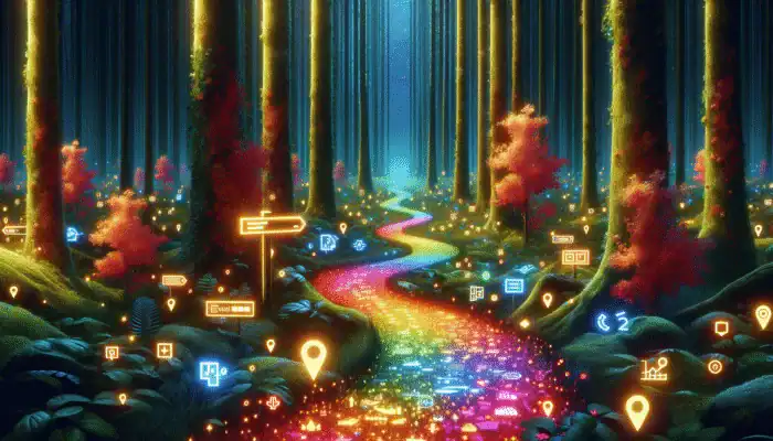 A glowing digital trail through a vibrant forest, symbolising website navigation with illuminated signs.
