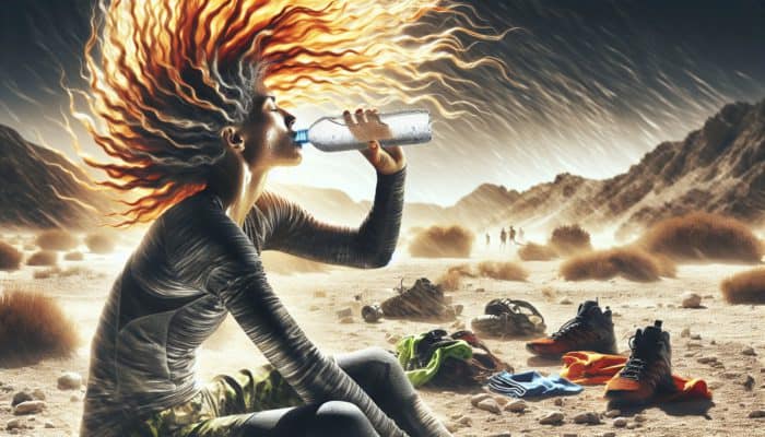Individual drinking water in a hot, dry environment, surrounded by sports gear, showcasing healthy, vibrant hair.