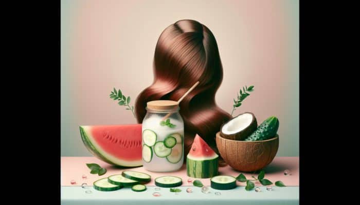 A still life featuring watermelon, cucumber, and coconut water surrounding healthy hair against a pastel backdrop.