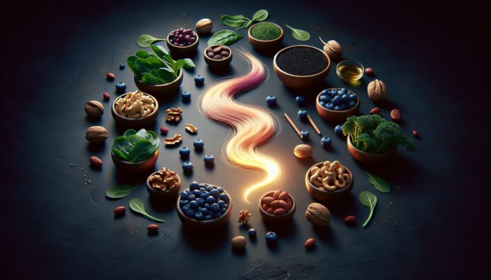 A still life of blueberries, nuts, and leafy greens like spinach and kale surrounding a glowing hair strand, symbolizing hair health.