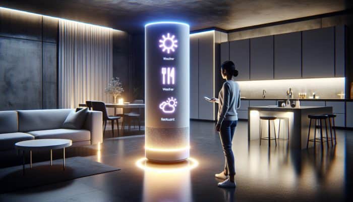 Optimising for Conversational Voice Queries: A person using voice commands to ask a smart speaker about weather and restaurant suggestions in a futuristic smart home.