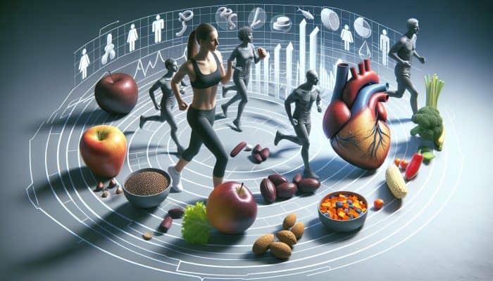 Infographic illustrating the effects of diet and exercise on cholesterol, highlighting fats, fibre, and physical activities.