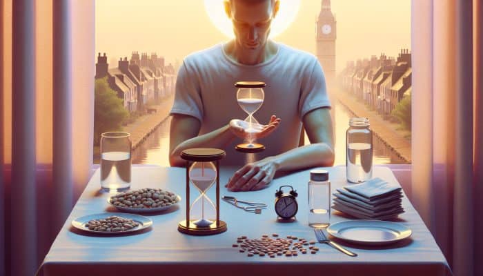 Individual in Cannock fasting 9-12 hours for cholesterol test, drinking water, morning scene with clock and blood vial.