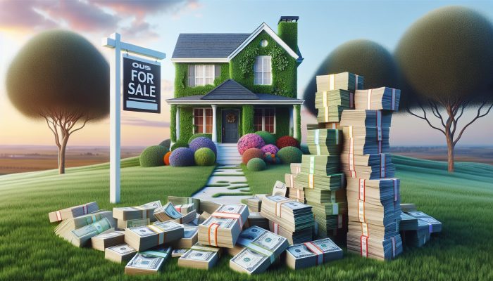 A serene home with a 'For Sale' sign and a stack of bills under a clear sky, symbolising home equity and debt consolidation.