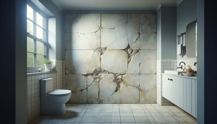 Dull, faded bathroom grout with calcium and magnesium stains, cracks, and discolouration from hard water.