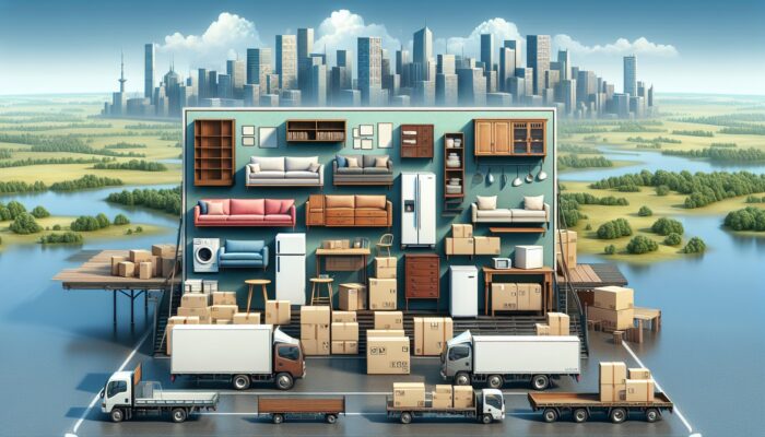 Furniture, appliances, and boxes loaded into various pickup trucks, set in urban and rural environments with diverse terrains.