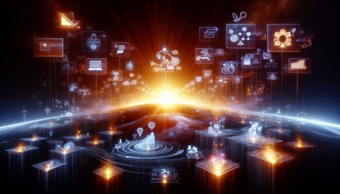 Icons representing e-commerce websites, SEO graphs, and glowing customer testimonials rising, symbolising SEO enhancement.