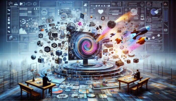 A vibrant digital screen showcasing an SEO-optimised customer narrative with keywords, headlines, and multimedia elements.