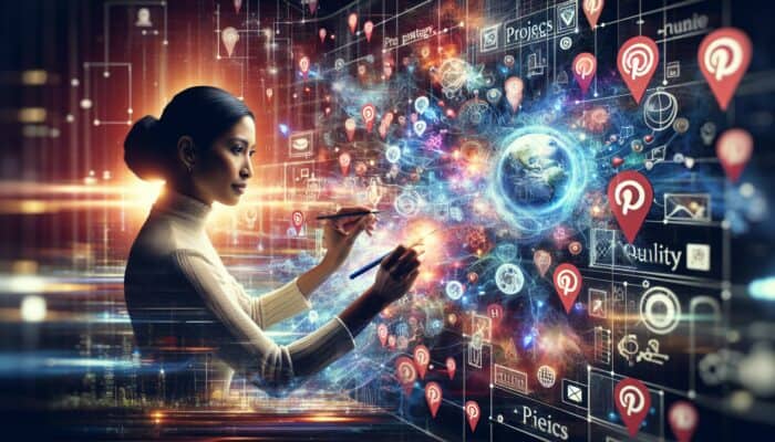 An individual developing a Pinterest video board surrounded by strategic icons and vibrant pins.