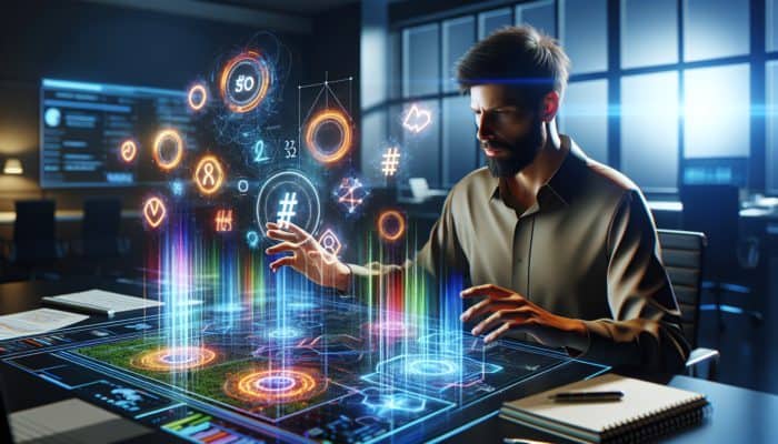 An expert in digital marketing analysing trending hashtags on a futuristic screen adorned with SEO graphs and colourful data visualisations in a contemporary office.