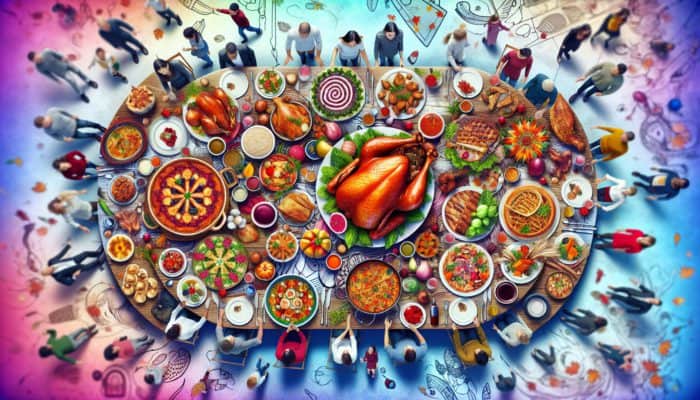 A festive table adorned with a variety of main courses including turkey, salmon, lasagna, and vegan stir-fry, surrounded by cheerful guests.