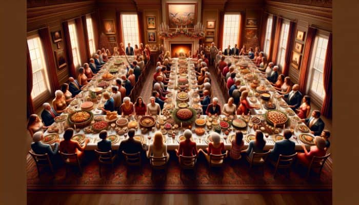A festive table filled with various dishes, surrounded by a joyful family and friends in a beautifully decorated dining room.