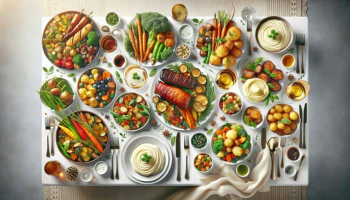 A festive table showcasing dishes with contrasting flavours and textures: sweet vegetables, savoury meats, creamy potatoes, crispy carrots, and a mix of warm and cool options.