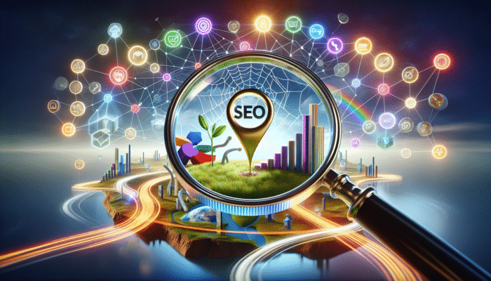 Premier SEO Company in Yeovil, Somerset: A magnifying glass revealing "SEO" and "ESSENTIAL" amid icons of business growth and search rankings.
