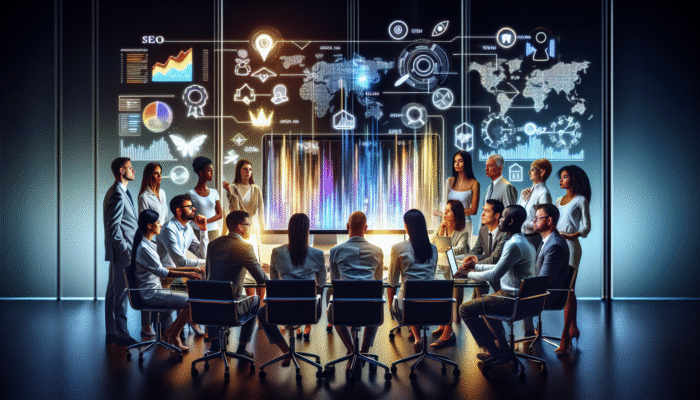 A team of professionals examining SEO analytics on a computer screen in a modern office environment.