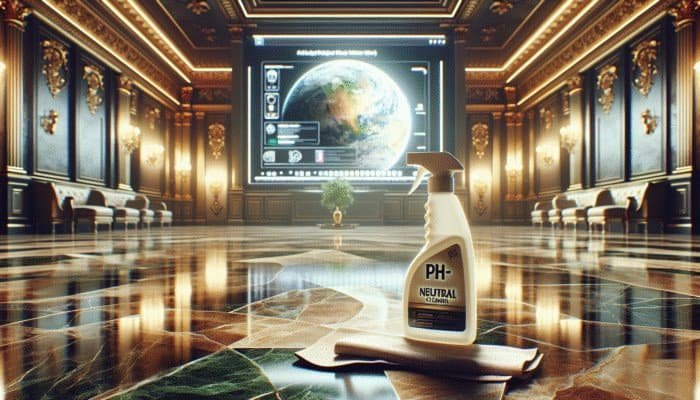 Luxurious room showcasing a gleaming natural stone floor next to a bottle of pH-neutral cleaner and cleaning cloth.