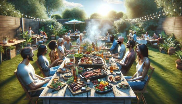 A vibrant BBQ setup with grilled meats, colorful sides, and friends enjoying a feast in a sunlit backyard.