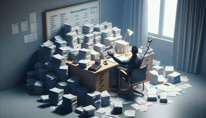Debt Consolidation Loans With No Fees: A person relieved by a single loan document on a desk, replacing scattered bills, symbolising debt consolidation.