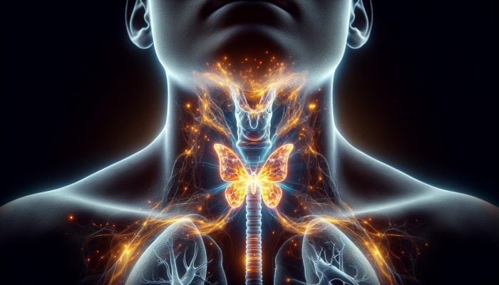 Advanced Thyroid Blood Test in Dudley: Illustration of thyroid gland at neck front, emitting energy for T3 and T4 hormones affecting metabolism and growth.