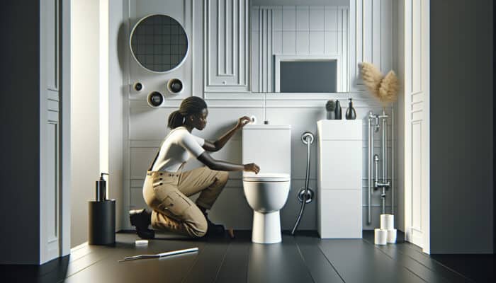 A plumber installs a toilet in a modern bathroom, ensuring perfect alignment and a flawless wax seal.