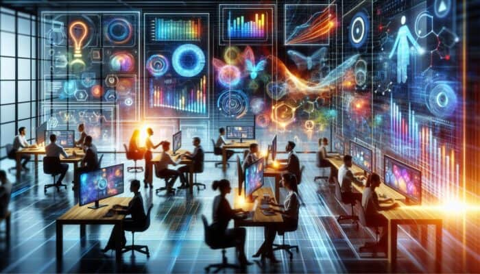 A digital marketing team engaging on social media, optimizing content and analyzing metrics for SEO improvement.