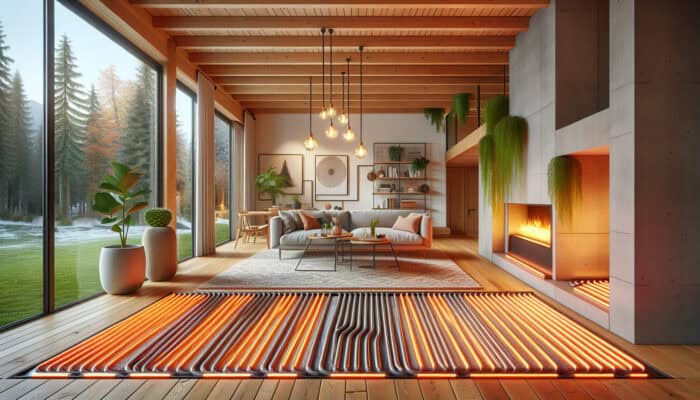 Hydronic Radiant Floor Heating Services in South Vancouver: A modern living room in South Vancouver with hydronic radiant floor heating, warm water pipes under wooden floors, creating a cozy, evenly heated space.
