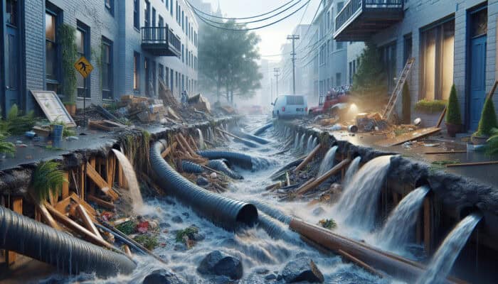 Drainage Repair Services in White Rock: Damaged urban drainage system in White Rock with repair work during heavy rain.