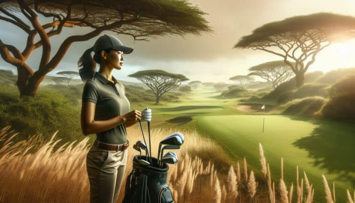 A golfer in Margate, South Africa, choosing a lower lofted club in breezy conditions for better control.