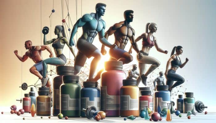Choosing Your First Pre-Workout: Athletes in a gym using pre-workout supplements, displaying enhanced energy and focus, with performance-boosting bottles around.