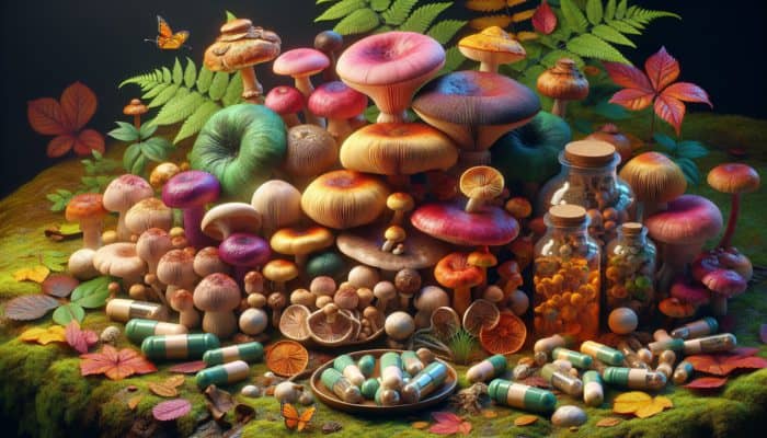 Mushroom Supplements for Endurance: Colorful mushrooms around capsules, powders, and extracts, showcasing bioactive compounds, in a forest setting.