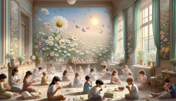 Children drinking chamomile tea in a cozy room with pastel flower illustrations and herbal remedy books.