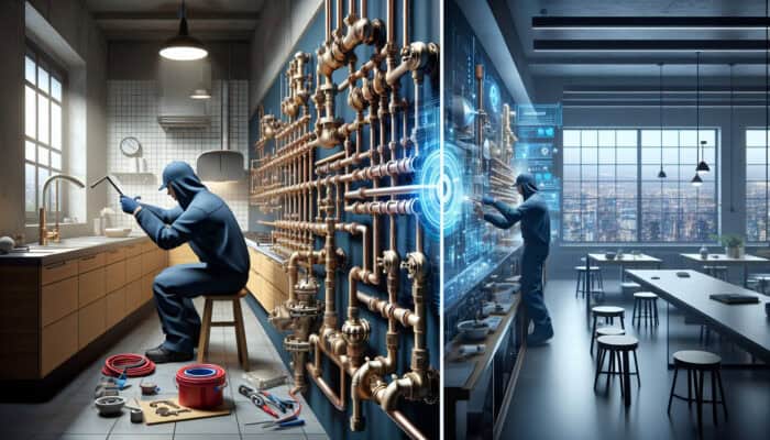 A plumber working on water valves in a kitchen and commercial facility to ensure efficient water management and prevent leaks.