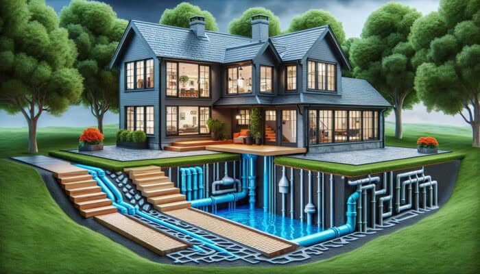 Modern West End home with sump pump and French drains preventing flooding and redirecting water.