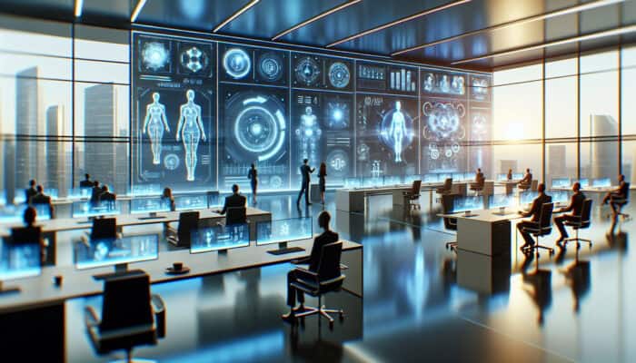 Futuristic office with diverse virtual assistants using AI and holograms to manage business tasks.
