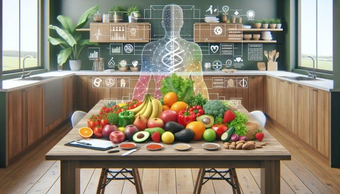 Advancements in Anti-Inflammatory Diets: A vibrant table with anti-inflammatory foods like fruits, vegetables, whole grains, and healthy fats in a modern UK kitchen.