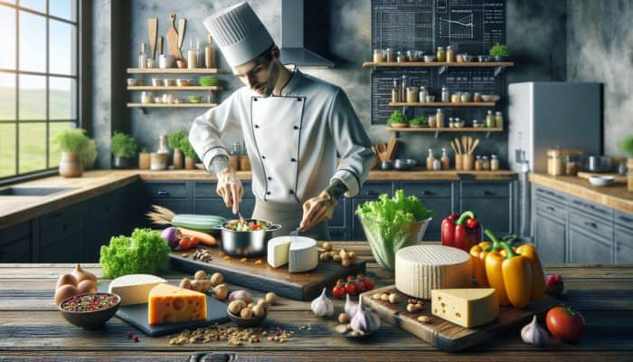 A chef crafting vegan cheese alternatives in a modern kitchen, surrounded by fresh ingredients and colourful vegan cheeses on a rustic table.