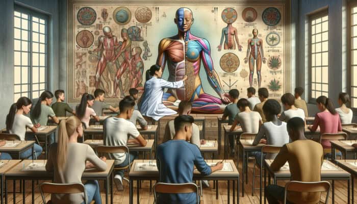 Students engaged in acupuncture training, surrounded by anatomy charts and a mentor demonstrating techniques on a model.