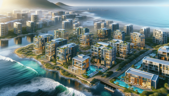 Aerial view of Cape Town's coastline with modern entry-level rental apartments, vibrant architecture, and lush greenery.